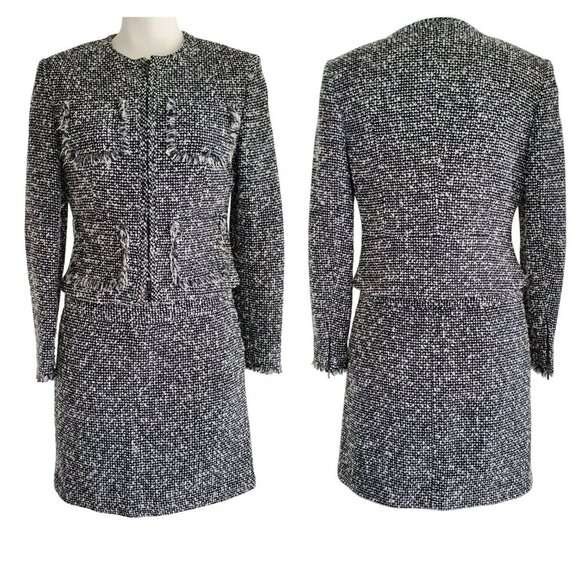 INC Tweed Boucle Fringe Trim Jacket Skirt Suit Set Clueless Chanel Vibe Size 4P - Picture 2 of 16